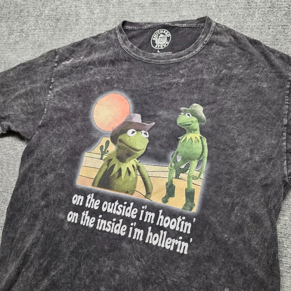 Shithead Steve Kermit Frog Cowboy Shirt Mens Large Acid Wash Charcoal Graphic Te